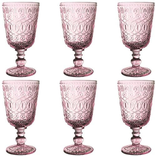 Taganov Vintage Glassware Purple Water Goblets Drinking Colored Wine Glasses set of 6 Pink Embossed Drinkware Stemware 10 oz for Wedding Party Bar Christmas