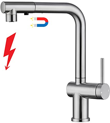 YardMonet Rubinetto da cucina a bassa pressione in acciaio inox spazzolato, rubinetto da cucina a bassa pressione allungabile con doccetta magnetica, rubinetto da cucina a bassa pressione, 3 attacchi