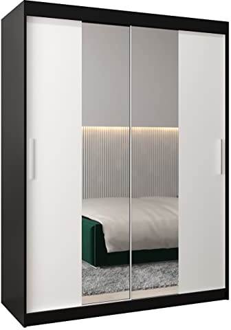 ABIKSMEBLE Tokio 1 150 Armario 2 Puertas Correderas para Dormitorio - Armario Moderno con Espejo, Barra y Estantes - 150x200x62 cm (Ancho x Alto x Fondo) - Negro Mate + Bianco Mate