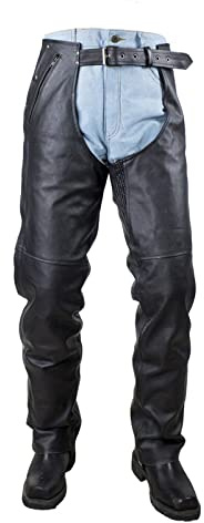 GARGOYLE BELLS Black Premium Motorcycle Leather Chaps for Men and Women, Genuine Leather Zipped Cowboy Motorcycle Chaps for Biker with 4 Pockets