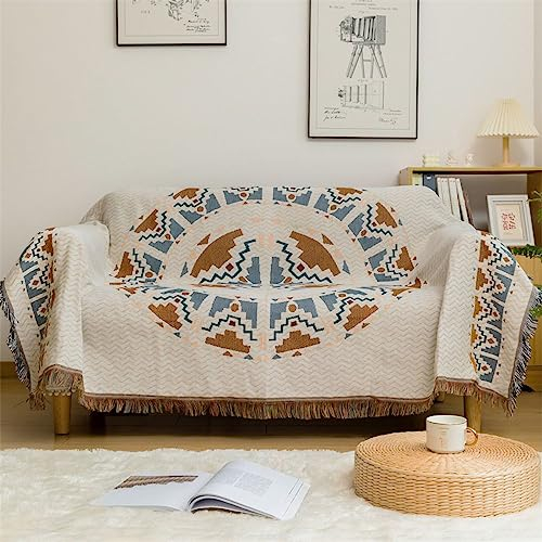 Czyminrout Boho Decke Sofadecke mit Quaste,Couch Überwurf Vielseitige,Aztekischer ethnischer Stil,für Zuhause,Büro,Reisen, Zelten (kreisförmiges Muster, 130 * 180cm)
