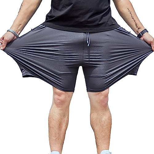 Jamron Homme Grande Taille Short de Sport en Maille Extensible Séchage Rapide Short de Course avec Poches Zippées Gris 6XL
