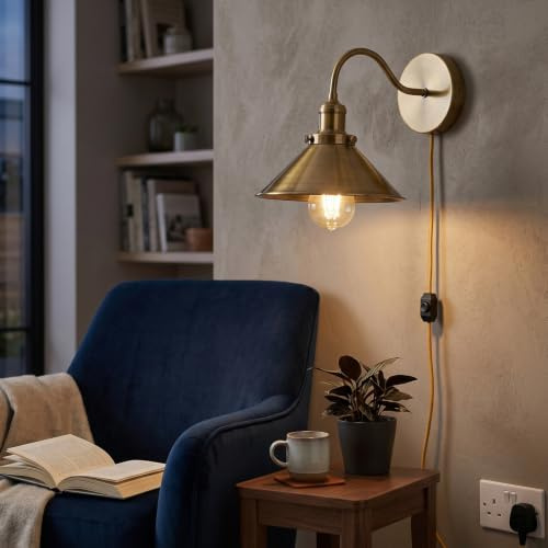 LEDSone Moderne Wandleuchte im Vintage-Stil, Retro-Industrie-Stil, Stecker-Wandlampe mit gelbem Messingarm, Dimmerschalter, Lampenschirm (Gelbes Messing + Glühbirne) [Energieklasse A+++]