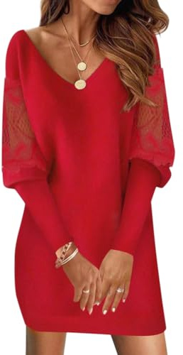 ORANDESIGNE Donna Vestito Maglione Corto Invernale Elegante Cerimonia Ampio Maniche Lunghe con Pizzo Abito in Maglia Morbido Scollo A V Pullover Mini Vestitino Casual Cocktail Abiti a Rosso L