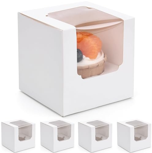 HAKACC 60PCS White Cupcake Boxes,9x9x9cm Individual Cupcake Containers pre-assembled Containers with Window and Inserts for Wedding Baby Shower Birthday Gifting