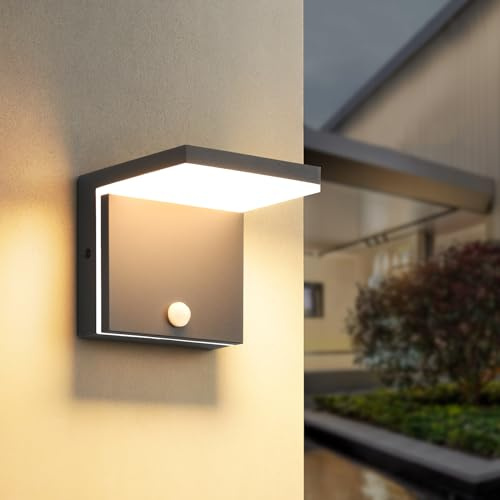 KUKAK LED Wandleuchte Aussen Innen mit Bewegungsmelder,12W Aussenlampe IP54 wasserdichte,Aluminium Modern Wand Lampe 3000K Warmwe Außenleuchte,Wandlampe Außen für Terrasse Eingang Garten Balkon Flur