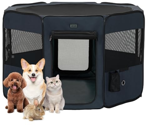Petsfit Welpenauslauf Tierlaufstall faltbar Welpenlaufstall Pop-Up für Hunde Hasen Katzen,Freilaufgehege mit Zip-Sicherungen, Abnehmbares Ober- und Unterteil,L,Dunkelblau & Schwarz