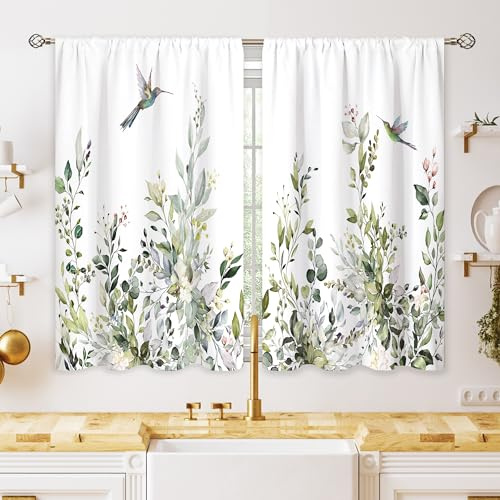 oolygoo Tende per finestre da cucina con fiori e foglie di eucalipto verde menta salvia verde eucalipto tende corte per trattamento del bagno tende a livello 69,8 x 99,1 cm