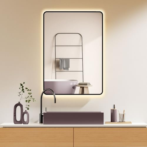 HOKO Antibeschlag LED Badspiegel 50x70 cm / 70x50 cm Kalifornien mit Schwarzer Metallrahmen, HOCH+QUER Montage Schminkspiegel. Touch Schalter+Licht Wechsel 2700-6500K, Warmweiß-Kaltweiß-Neutral