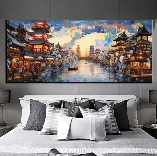 Diamond Painting Flussufer Stadt, Diamond Painting groß xxl 40 X 120 cm, Diamant Painting Bilder Cross Stickerei, Diamond-Painting Mosaikherstellung Full Drill Crystal für Wand Home Décor, Gifts q390