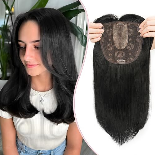 S-noilite Hair Toppers für Frauen,Toupet Toppers Haarverlängerung Haarteile Perücken mit Fransen,Haartopper Basis 15x15cm, Clip in Synthetischen Haarteile, Glatt 35cm 120g Dunkles Schwarz