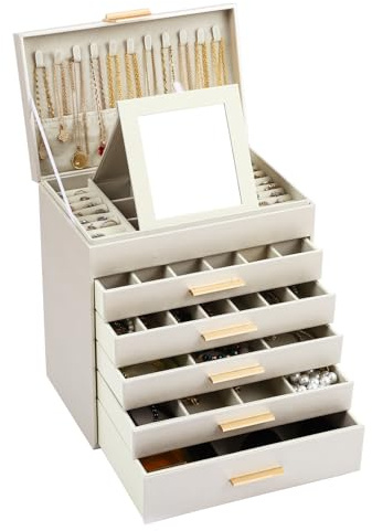 BOOVO Jewelry Boxes for Women, White and Black 6 Layer Large Jewelry Box for Necklace, Bracelet, Earrings, Rings Storage, Jewelry holder Organizer for Girls Gift (Champagne, 6 layer)