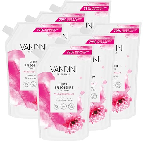 VANDINI 6x Nutri Seife Nachfüllbeutel mit Pfingstrosenblüte Duft 500ml - Made in Germany Flüssigseife Nachfüllbeutel vegan - Handseife Nachfüllbeutel reinigt sanft - Liquid hand soap refill