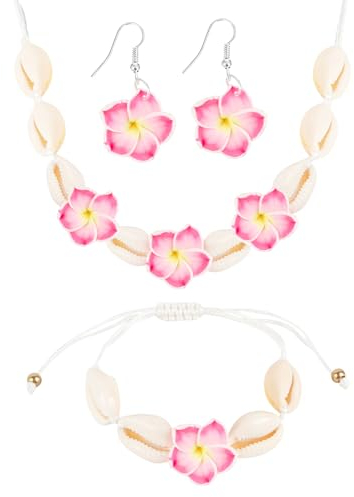 Hifot 3 Stück Muschel Halskette Armband Set Plumeria Ohrringe Boho Schmuck Hawaii Blumen Halskette Damen Muschel Kette Strand Muschel Fußkettche Choker Kette Sommer Sommer Schmuck Damen Mädchen