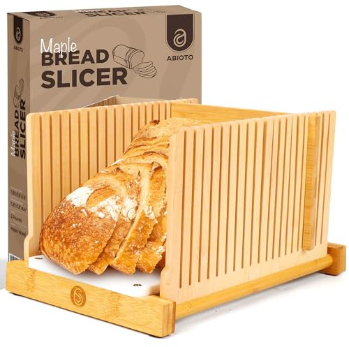 Brödskärare för hemmagjorda bröd – inga flisor med HDPE-bas och lönnfingrar – 4 olika tjocklekar för enhetliga och konsekventa skivor – vikbar brödskivningsguide med optimala knivspår