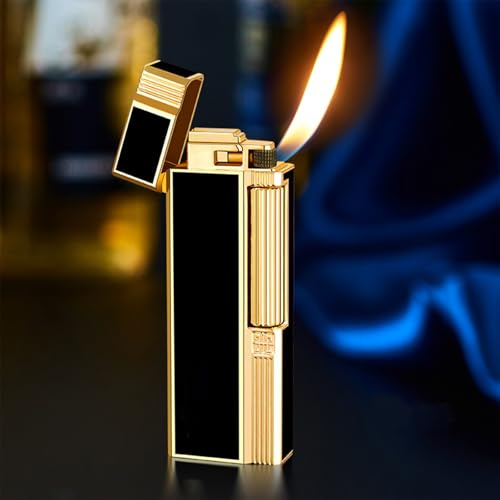 Soft Flame Metal Windproof Lighter Vintage Metal Butane Side Wheel Lighter Vertical Ignition Roller Suitable for Men's Gift (Classic Black Gold)