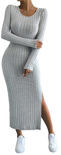 Ever-Pretty Robe Tricotée Femme Col Rond Fendu Moulante Automne et Hiver Robe Pull Gris XL