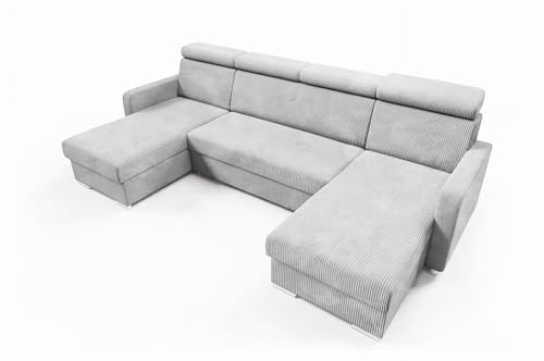 LIKMA Helles Aschgrau Ecksofa Mako U-Form 274x165 cm mit Schlaffunktion (254x125 cm) Eckcouch mit Bettkasten und Verstellbare Kopfstützen Wohnlandschaft Bettsofa mit Stauraum Polstermöbel Sofa