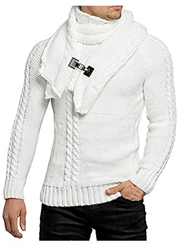Men'S Long Sleeve Thermal Tops - Men'S Winter Warm Jumper With Scarf | Chunky Cable Knit Pullover, Men'S Scarf Collar Sweater, Men'S Stylish Wraparound Neck Jumper, Men'S Thick Knitted Top