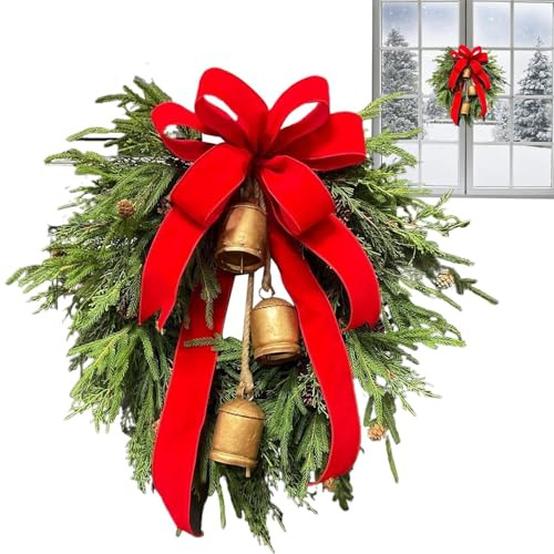 Christmas Door Wreath with Large Red Bow and Pine Cones, Decorative Pine Wreath with Cow Bells, Ornaments, and Ribbon for Indoor/Outdoor Home, Wall, Table, and Window Christmas Decoration