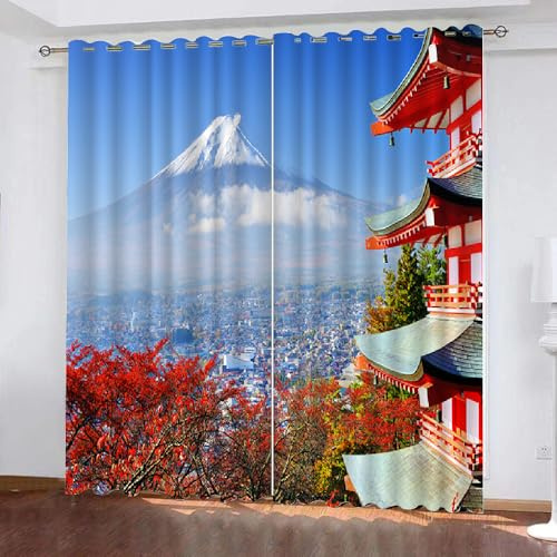 XPINGO 3D Japanischer Stil Gardinen ösenschal 2er Set B 220 X H 215 cm Berg Vorhang Blickdicht Kälteschutz Schallschutz Verdunkelung Wärmeisolierende Vorhänge für Wohnzimmer Schlafzimmer（Stil 11-9）