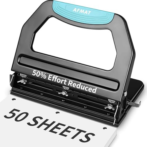 AFMAT Heavy Duty 3 Hole Punch 50-Sheet, 50% Reduced Effort, Adjustable 3/2 Metal Office Hole Paper Puncher w/Large Chip Tray, Metal Paper Guide