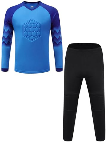 Miaeowve Kinder Junge Torwart Anzug Fussball Trainingsanzug Langarm Torwarttrikot Gepolstert Torwarthose Lang Torwart Komplett Set Auswärtstrikot Blau C 134-140