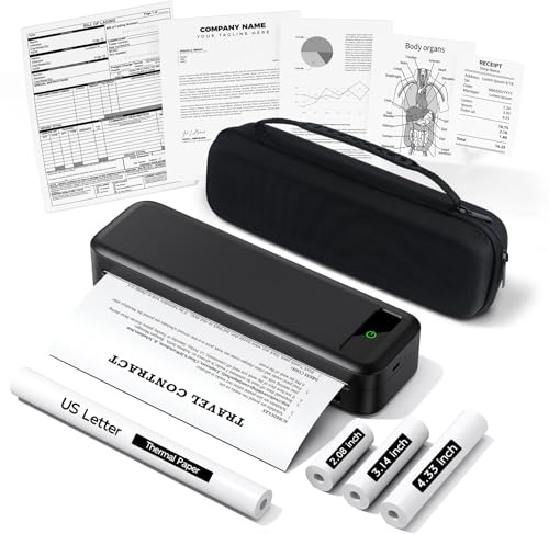 Imprimante Thermique Portable A4 sans Encre Mobile Bluetooth avec iOS et Android, Équipé d'une Mallette et de 4 Rouleaux de Papier Thermique, Convient pour les Voyages, le Bureau et la Maison - Noir