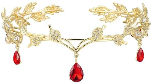FAINCA Elfenkrone, Elfen Schmuck, Waldfee Elfen Krone, Retro Elfen Kopfschmuck, Hochzeit Braut Diadem, kopfschmuck elfe, für Cosplay, Hochzeiten (Rot)