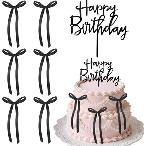 Yuomeaz 7 Pcs Black Bow Cake Topper, Vintage Bow Cake Decorations with Happy Birthday Topper for Birthday Party Supply
