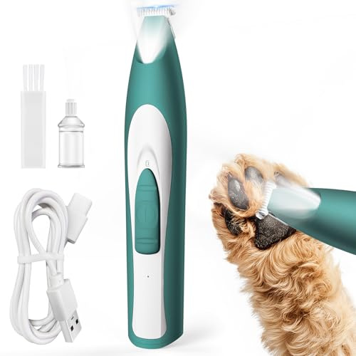 oneisall Hundtasstrimmer med LED-ljus, lågt brus hundklippare groomingkit, 20 mm brett blad, trådlös klippare för husdjur rakapparat för hundar katter, tassar, ögon, öron, ansikte (grön)