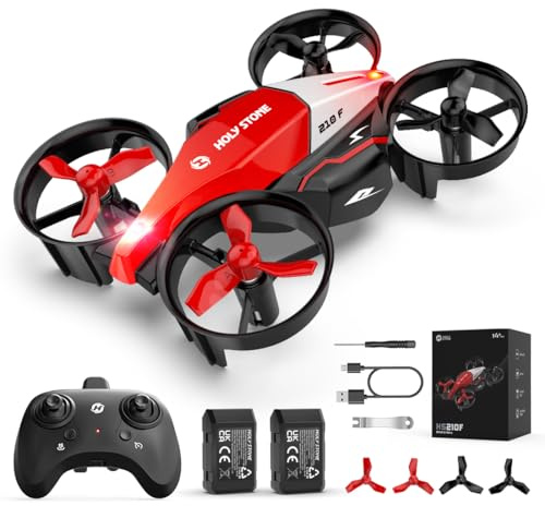 Holy Stone HS210F Mini Drohne für Kinder, 2 in 1 RC Quadrocopter mit Landmodus and Flugmodus, 2 Akku, One Key Start Höhenhaltung, 3D Flips, Headless Modus Spielzeug Geschenke für Jungen,Rot