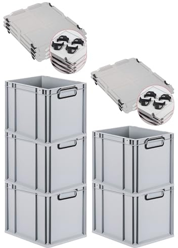 PROREGAL SparSet 5x Eurobox NextGen Color mit Auflagedeckel und Schiebeschnappverschlüsse, HxBxT 32x30x40cm, 30L, Grau, Griffe schwarz zu, Eurobehälter, Transportbox, Transportbehälter