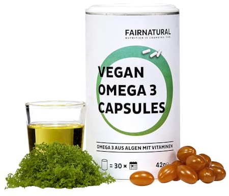 FAIRNATURAL® Omega 3 Kapseln Vegan Hochdosiert [60 STÜCK] - Premium Algenölkapseln - 403mg DHA & 97mg EPA aus Mikroalgen ohne Zusatzstoffe - Veganes Omegaöl Supplement - Fischöl Alternative