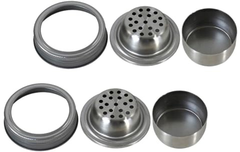KOMBIUDA 2pcs Stainless Steel Mason Jar Shaker Lids for Cocktail Mixing and Kitchen Use Flour Sifter and Condiment Dispenser Caps for Home Bar and Picnic Containers