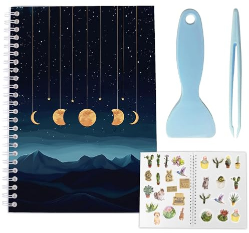 CRASPIRE Álbum Pegatinas Reutilizable Diseño Montaña Fases Lunares Color Negrura Oscuro 40 página Organizador Pegatinas En Blanco Papel Desprendible A5 Pinzas Raspador Manualidades Navidad Graduación