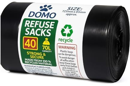 Heavy Duty Black Bin Bags 70L – 30 µm Extra Strong Rubbish Sacks for Garden Waste, Refuse & Recycling – 40 Pack Durable Trash Bags