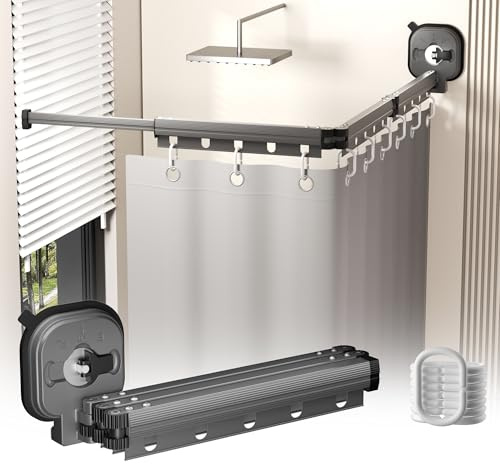 Faltbarer Duschvorhang Ohne Bohren mit Duschvorhangstange,Starker Saugnapf für Badezimmer mit Winkelverstellbarer Funktion L/U Form，Wasserdichter Duschvorhang 3 Folds Grey