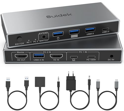 SUIDEK Commutateur KVM USB-C+HDMI 2 Entrées 1 Sortie avec 3 Ports USB A + 1 Port USB C 3.0 4K@60Hz, pour 1 Ordinateur Portable & 1 Ordinateur Fixe Partageant 1 Moniteur, Clavier, Souris