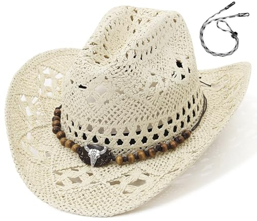 EOZY Straw Cowgirl Hat for Women Men Western Cowboy Hat Woven Hollow Out Wide Brim Sun Hat with Chin Strap/Beige