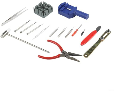 Kit de herramientas de reparación de relojes con removedor de pines de enlace y abridor de caja, herramienta de barra de resorte, pinzas de nariz fina, alicates, destornilladores, martillo de doble