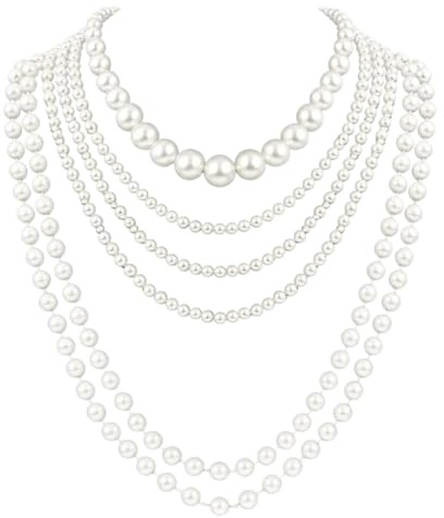 GSOIDJY Perlenkette Damen 6-teilig, Lange Perlenketten für Vintage-Stil und Partys, Elegante Schmuckkette für Alltagsoutfits und festliche Anlässe, Mehrstufige Perlenkette mit verschiedenen Längen