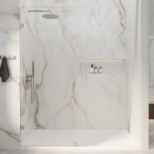 32 W x 72 H Fixed Shower Glass Panel, 3/8” 10mm Single Frameless Shower Doors for Walk in Shower with Clear Tempered Glass Explosion-Proof Film for Bathroom, Chrome Finish, Silver