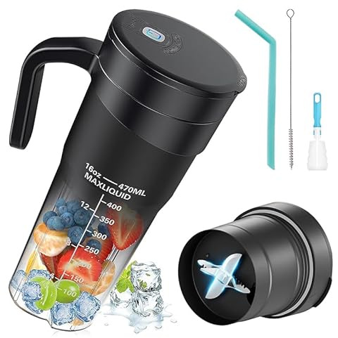 Kitchenware By Neil Portable Personal Blender with Handle, 470ml USB-C Rechargeable Smoothie Maker, 6-Blade Mini Blender for Protein Shakes, Gym, Office & Travel