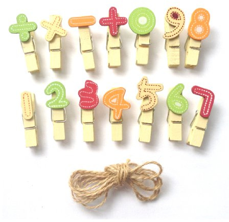 LWR CRAFTS Mini pinces à linge en bois numéros 28 pièces et cordon de jute 20 cm