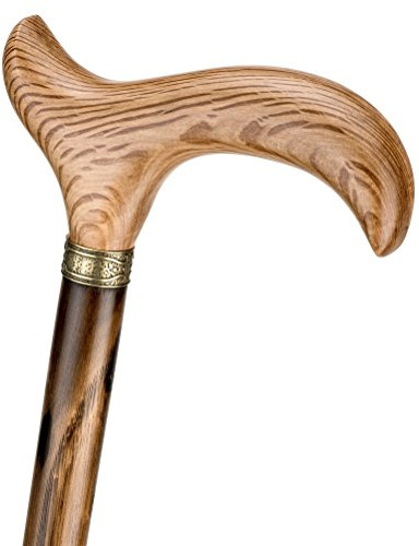 Gehstock IBERICO, eleganter Derbygriff aus echtem, fein gemasertem Eichenholz, aufgesetzt mit Messing-Schmuckring auf einen Stock aus edlem, geschältem Perlcongo-Kastanienholz, inklusive Gummipuffer.