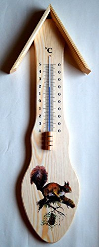 Thermometer Eichhörnchen. Ein wunderschönes aus Nadelholz gefertigtes Thermometer für Innen und Außen. Die Höhe ist 50 cm. Temperaturanzeige von -40 bis +50 °C.