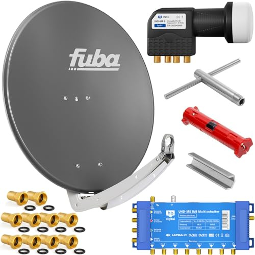 Fuba 8 Teilnehmer Digital SAT Anlage 78cm Schüssel DAA780A Anthrazit + hb-digital UHD 414 S Quattro LNB 0,1dB HDTV 4K + UHD-MS 5/8 Multischalter + Aufdreh-Set + 24 vergoldete F-Stecker Gratis dazu