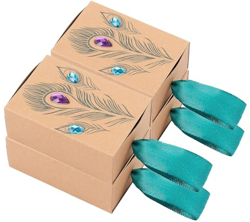 Allbusky 30PCS Kraft Paper Candy Boxes, Drawer Shape Sweet Wedding Favour Boxes, Peacock Feathers Party Gift Box with Colorful Diamond, Creative Paper Treat Box