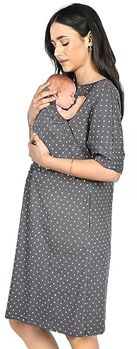 MijaCulture 3 en 1 Maternité Robe Chemise/Maternité Allaitement Coton Robe de Nuit pour accoucher 4128 (L, Graphite/Coeurs)